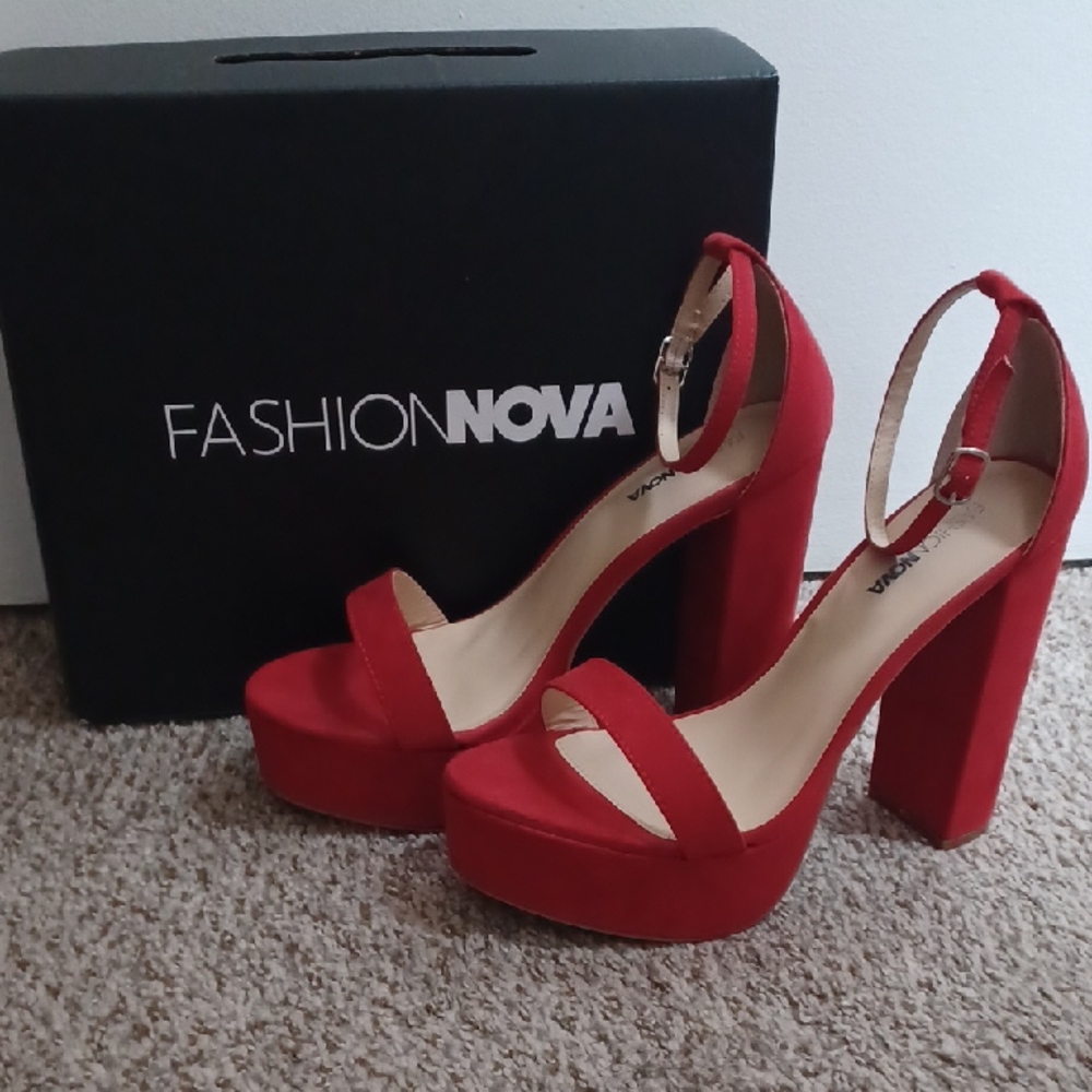 Fashion Nova Red Platform Heels with Chunky Block Heel